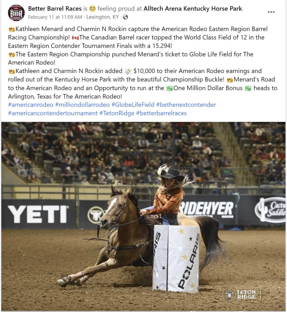 Facebook post includes picture of Kathleen and Charmin turning a barrel